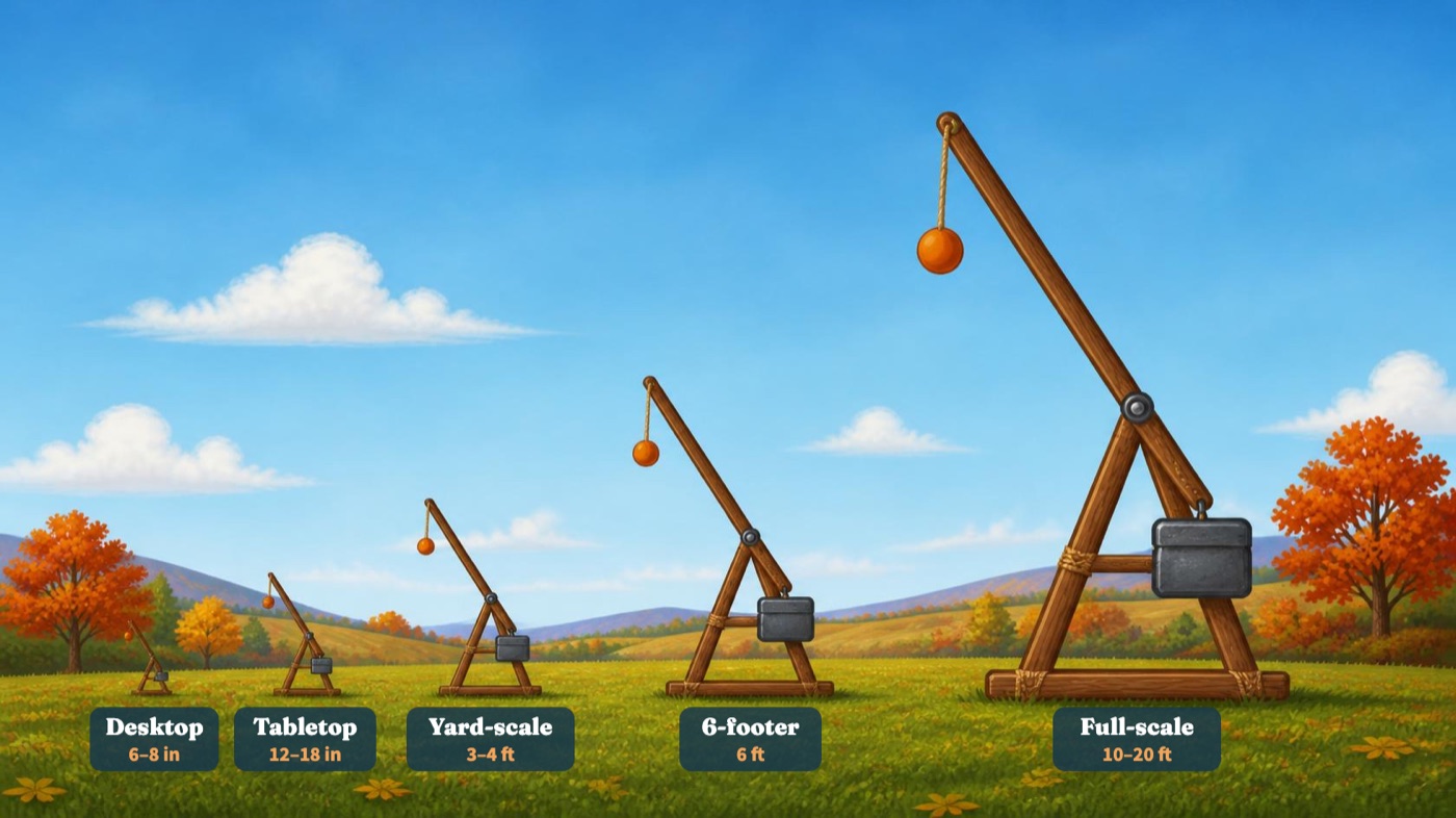 Painted illustration of five trebuchets in an autumn field, growing from a tiny desktop model to a full-scale wooden machine, labeled Desktop 6–8 in, Tabletop 12–18 in, Yard-scale 3–4 ft, 6-footer 6 ft, and Full-scale 10–20 ft